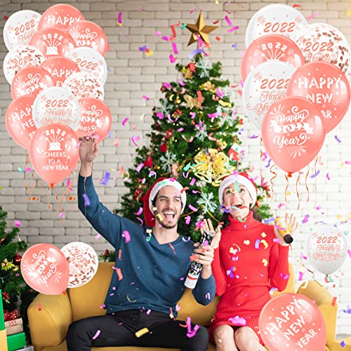 HOWAF Juego de Globos de decoración de Feliz año Nuevo Oro Rosa, 40 Oro Rosa Globos de látex de año Nuevo 2022 Globos de Confeti Dorado y 2 Cintas para Decoracion Nochevieja 2022