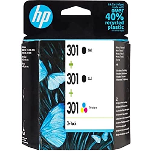 HP 301 E5Y87EE, 2 Negro + 1 Tricolor, Pack de 3, Cartuchos de Tinta Originales, Compatible con impresoras de inyección de tinta DeskJet 1050, 2540, 3050; OfficeJet 2620, 4630; ENVY 4500, 5530