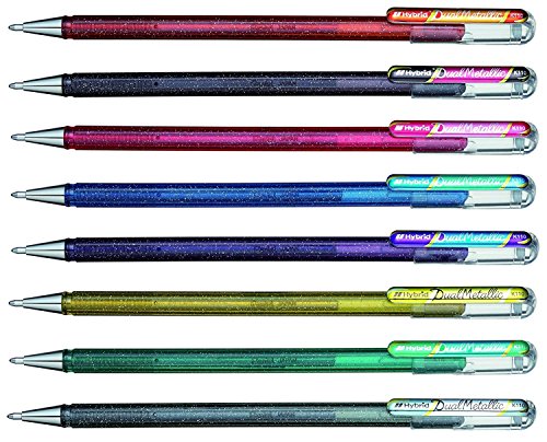 Hybrid Dual Metallic de Pentel - Caja de 8 Boligrafos Roller Gel de Colores brillantes para colorear y decorar con purpurina