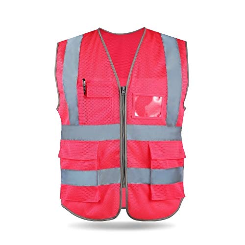 Hycoprot Chaleco de Seguridad Reflectante Hi Vis Viz Alta Visibilidad Ropa de Trabajo Gerente Ejecutivo Chaqueta de Chaleco Cremallera Brace Seguridad Teléfono (Medium, Rosa-Malla)