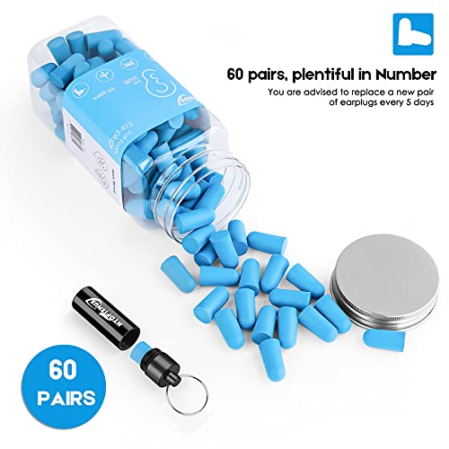 Hyoptenus 60 pares de tapones para los oídos de espuma suave con funda de transporte de aluminio, 35 dB SNR, reducción de ruido, protección auditiva, dormir, trabajo, viajes (azul) …