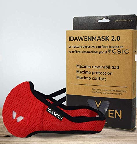 IDAWEN Sport Fashion Mascarilla Deportiva IDAWENMASK 2.0 - con Filtro de Nanofibras del CSIC - Máscara de Deporte de Cierre con Velcro - Mascarilla Lavable - Color Rojo - Talla XL