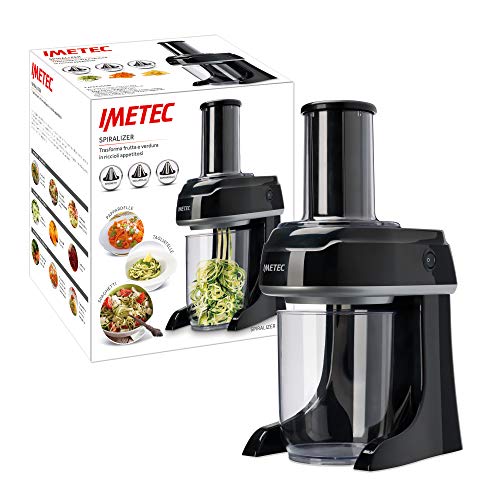 Imetec SP 100 Spiralizer eléctrico, corte de verduras en espiral, accesorios para 3 formas Spaghetti, Tagliatelle, Pappardelle, acero inoxidable, sin BPA 500 ml, sistema de seguridad