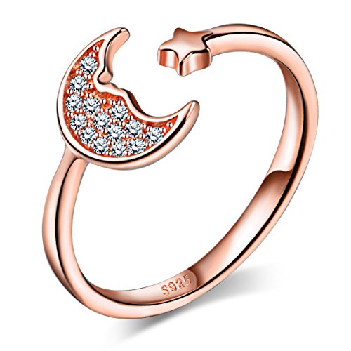 Infinite U Moon and Star Anillo de apertura ajustable de plata de ley 925 con circonita cúbica casual para mujeres/niñas, tamaño 5.5-7.5