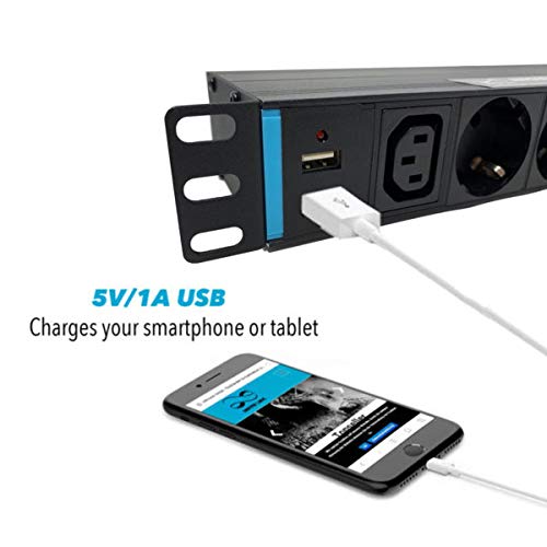 Infitronic INSV1009 Infitronic-INSV1009 - Regleta de 19 Pulgadas (1 U, 14 enchufes, Carga USB IEC C13 y 2 Protectores Individuales contra sobretensión)