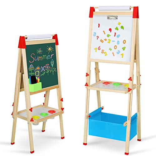 Innedu Tablero Niños, Caballete Pintura Doble Cara con Rollo Papel y Otros Accesorios, Pizarra Tiza Madera Ajustable en Altura para Niños Niñas de 3+ Años