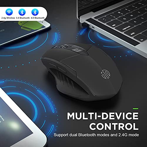 Inphic Ratón inalámbrico Bluetooth Recargable silencioso (Modo de BT5.0/4.0 + 2.4G), ratón portátil ergonómico 1600DPI para Ordenador portátil, Android, Windows Mac OS, Color Negro
