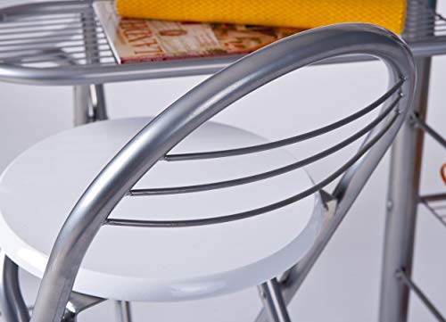 Inter Link Frolly 1 Mesa de Cocina con 2 taburetes de Bar MDF Blanco Metal Brillante Gris Plateado, Aluminio