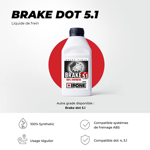 IPONE 800312 Líquido de Frenos y Embrague Moto - Brake Dot 5.1 - 100 % Sintético - Punto de ebullición seco 260 °C, 500 ml