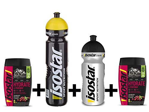 Isostar Hydrate & Perform 2x400g bebida electrolítica isotónica + botella de 1000 ml + botella de 500 ml - solución de electrolitos para apoyar el rendimiento deportivo