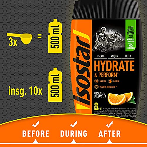 Isostar Hydrate & Perform Iso Drink - 400 g de bebida isotónica en polvo - Polvo de electrolitos para apoyar el rendimiento deportivo - Naranja + botella de 0.5 litros