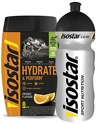 Isostar Hydrate & Perform Iso Drink - 400 g de bebida isotónica en polvo - Polvo de electrolitos para apoyar el rendimiento deportivo - Naranja + botella de 0.5 litros