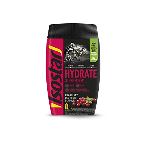 Isostar Hydrate & Perform: polvo de electrolitos que contiene carbohidratos para todas las fases de entrenamiento en el sabor arándano, 1x400 g de arándano