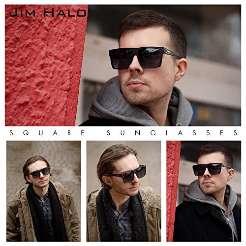 JIM HALO Gafas de sol Grande Retro Polarizadas para Hombres y Mujeres Gafas de Conducción Cuadradas con Parte Superior Plana (Marco Negro Mate / Lente Gris Polarizada)