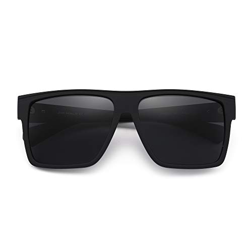 JIM HALO Gafas de sol Grande Retro Polarizadas para Hombres y Mujeres Gafas de Conducción Cuadradas con Parte Superior Plana (Marco Negro Mate / Lente Gris Polarizada)