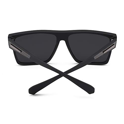 JIM HALO Gafas de sol Grande Retro Polarizadas para Hombres y Mujeres Gafas de Conducción Cuadradas con Parte Superior Plana (Marco Negro Mate / Lente Gris Polarizada)