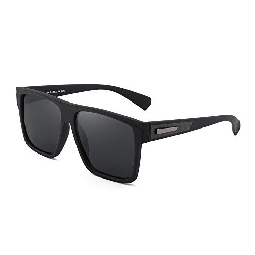 JIM HALO Gafas de sol Grande Retro Polarizadas para Hombres y Mujeres Gafas de Conducción Cuadradas con Parte Superior Plana (Marco Negro Mate / Lente Gris Polarizada)