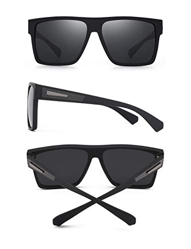 JIM HALO Gafas de sol Grande Retro Polarizadas para Hombres y Mujeres Gafas de Conducción Cuadradas con Parte Superior Plana (Marco Negro Mate / Lente Gris Polarizada)