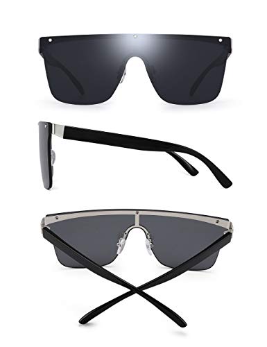JIM HALO Sin Marco Montura Proteger Gafas de Sol Una Pieza Plano Top Espejo Anteojos Hombre Mujer(Marco Plateado/Lente Gris)