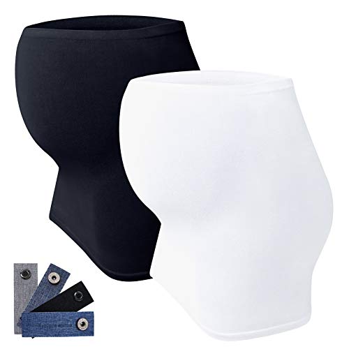 JMITHA 2pcs Banda de Vientre para Mujeres Embarazadas Extensor de Cintura Sin Costura + 4 Botón de extensión Ajustable para Pantalones (Negro + Blanco, M)