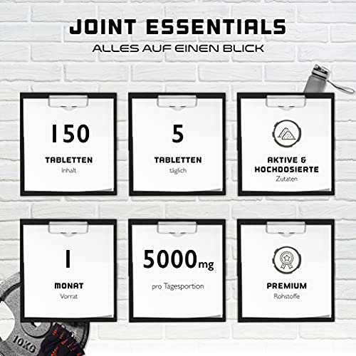 Joint Essentials - 150 comprimidos - Altamente dosificado con 5000 mg al día - Glucosamina + Condrotin + MSM + Ácido Hialurónico + Colágeno + Vitamina C + Extracto de Pimienta Negra