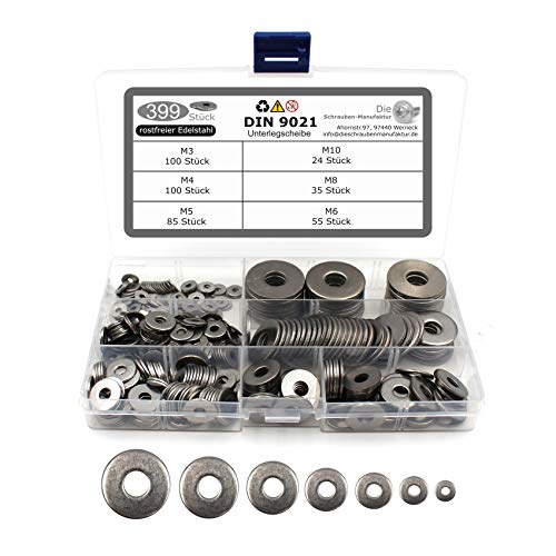 Juego de 399 arandelas según DIN 9021/ISO 7093 estándar de acero inoxidable A2 V2A, arandelas de sujeción, tamaños M3 M4 M5 M6 M8 M10.