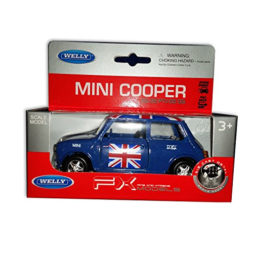 Juguete Mini Cooper Azul - Techo Bandera Union Jack / Modelo Auto Pull Back and Go / Metal Fundido / Puertas del Coche Abiertas / Recuerdo británico de Inglaterra Reino Unido