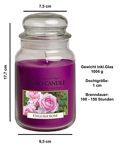 Jumbo Candle - Vela aromática en vaso de cristal (tamaño grande), duración de hasta 150 horas, rosa inglesa