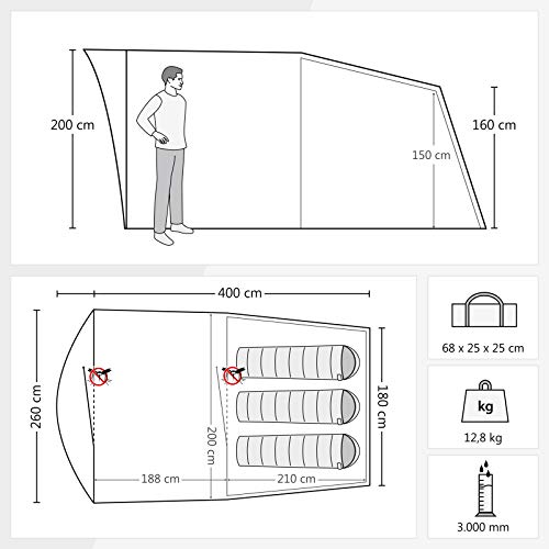 Justcamp Atlanta 3 tienda familiar, tienda tunel para 3 personas, altura en pie, suelo cosido - gris