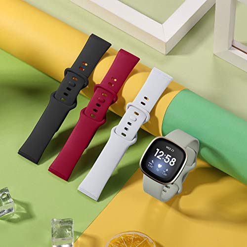 JUVEL Correa Compatibles con Fitbit Versa 3 Correa/Fitbit Sense Correas, 4 Pack Muñequeras Deportivas de Silicona Suave de Repuesto para Mujeres Hombres, Pequeño, Negro/Gris/Vino Rojo/Blanco