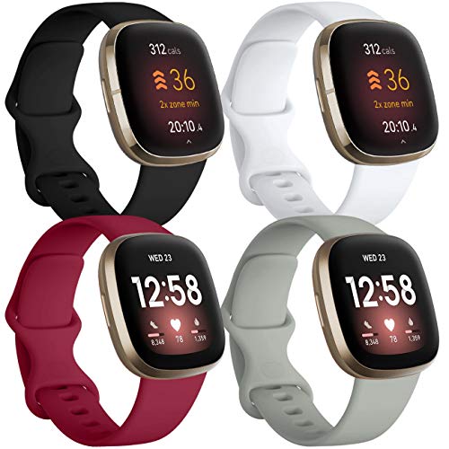 JUVEL Correa Compatibles con Fitbit Versa 3 Correa/Fitbit Sense Correas, 4 Pack Muñequeras Deportivas de Silicona Suave de Repuesto para Mujeres Hombres, Pequeño, Negro/Gris/Vino Rojo/Blanco