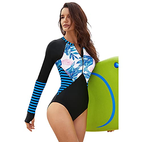 Jywmsc Mujer Cremallera Frontal Bloque de Color Rashguard Manga Larga Una Pieza Trajes de Baño para Surf/Trajes de Surf Parte Superior sin Fondo