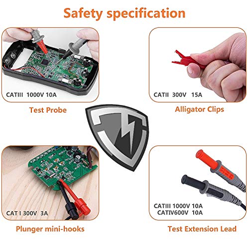 KAIWEETS KET01 8 Piezas Cables de Multímetro, Juego de Cable de Prueba de 4mm con Sondas de prueba, Mini Ganchos y Pinzas de Cocodrilo, CAT III 1000V & CAT IV 600V para Polimetro, Pinza Amperímetrica