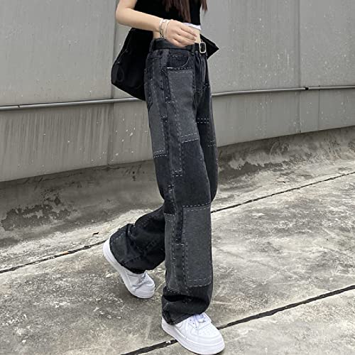 KAL'ANWEI Pantalones Vaqueros con Parche Desgastados para Mujer, Ropa Gótica De Moda para Chicas Adolescentes, Ropa De Calle De Estilo Japonés, Holgados De Mezclilla De Pierna Ancha,Gris Negro,Metro