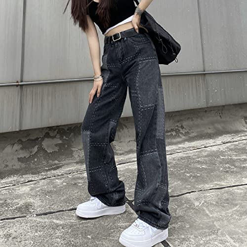 KAL'ANWEI Pantalones Vaqueros con Parche Desgastados para Mujer, Ropa Gótica De Moda para Chicas Adolescentes, Ropa De Calle De Estilo Japonés, Holgados De Mezclilla De Pierna Ancha,Gris Negro,Metro