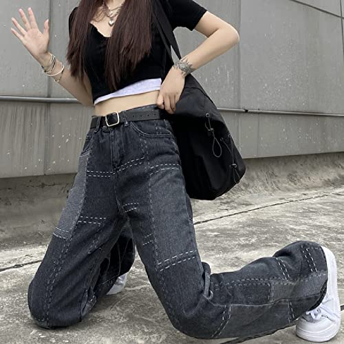 KAL'ANWEI Pantalones Vaqueros con Parche Desgastados para Mujer, Ropa Gótica De Moda para Chicas Adolescentes, Ropa De Calle De Estilo Japonés, Holgados De Mezclilla De Pierna Ancha,Gris Negro,Metro