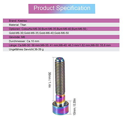Keenso Tornillos de Bicicleta, Tornillos Rosca Universal de Titanio M6 30/35/40/50 Accesorio de Bici(M6x40-Vistoso)