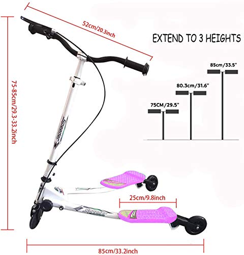 keland Patinete Plegable de Tres 3 Ruedas,Patinete de 3 Ruedas Scooter Manillar Altura Ajustable 75-85cm con Freno Posterior Rosado Patinete Scooter para Niños de 4 a 9 Años