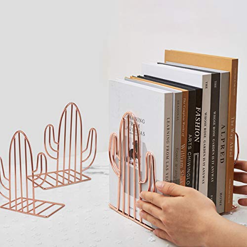 KETIEE Sujetalibros de Metal Antideslizante con Forma de Cactus, 1 Par de Extremos de Libro Resistentes para Estantes, Estantería y Organizador de Escritorio, Oro Rosa