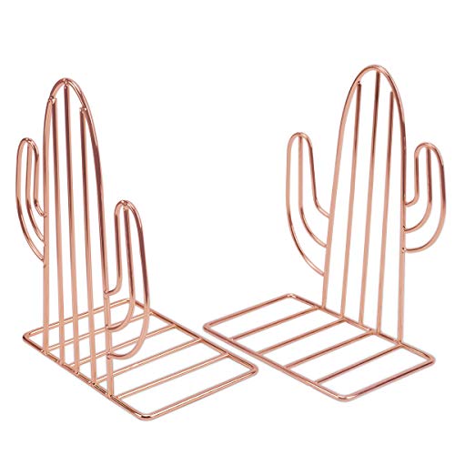 KETIEE Sujetalibros de Metal Antideslizante con Forma de Cactus, 1 Par de Extremos de Libro Resistentes para Estantes, Estantería y Organizador de Escritorio, Oro Rosa