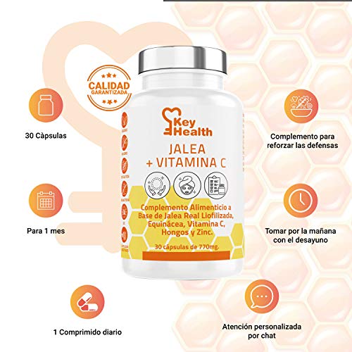 Key Health | Jalea Real con Vitamina C y Equinácea | Con Zinc Para Mayor Fuerza y Energía | Refuerza el Sistema Inmune y las Defensas | Para Hombres y Mujeres | Libre de Alérgenos y GMO | 30 Cápsulas