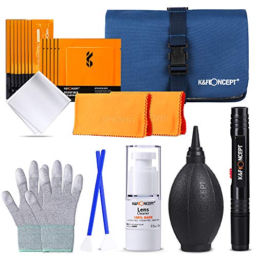 K&F Concept-Kit de Limpieza Camara Completo 24 en 1/Pera Sopladora/10 Bastón Swab/8 Paños de Microfibra/Pincel/15 ml Solución Limpiardor/Bolsa Impermable/Guantes Antiestáticos para Canon/Nikon