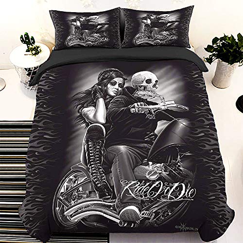 KHDJ Funda nórdica con Estampado 3D Ride or Die Skull con 2 Fundas de Almohada Juego de Cama con Calavera para niñas con Cierre de Cremallera Juego de Funda de edredón de Microfibra,200 * 230cm