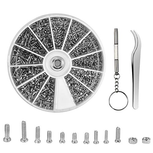 Kit de Reparación de Gafas 1000 PCS Tornillos Tuercas Surtido Kits Tornillos y Tuercas de Acero Inoxidable con Destornillador y Pinza Kits de Tornillo Pequeño para Gafas/Gafas de Sol/Reloj