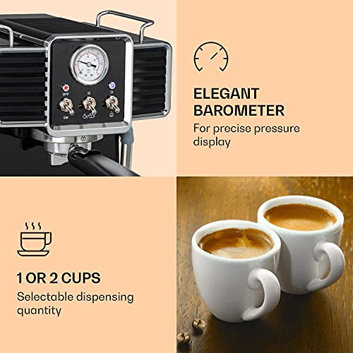 Klarstein Gusto Classico - Cafetera de espresso, Potencia 1350 W, Presión bomba 20 bar, Depósito agua 1,5 L, Boquilla de espumado de leche, Barómetro, Filtro de aluminio para cápsulas de café, Negro