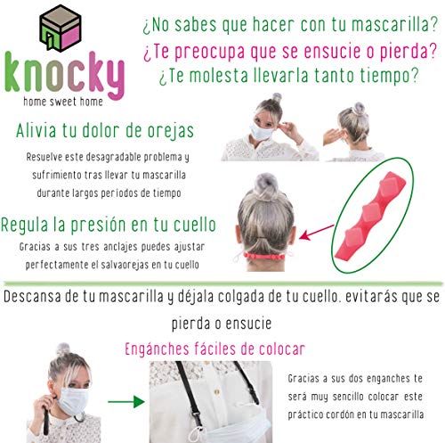 KNOCKY 3 Cordones Sujeta Mascarillas y 3 Protector Orejas Mascarillas de Silicona. Enganches Sujeta Mascarillas Salvaorejas para Cuello con Sujetamascarillas con Adaptador Ajustable de 3 Ganchos