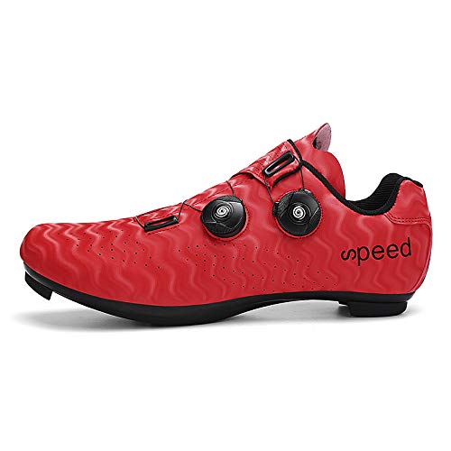 KUXUAN Zapatos de Ciclismo para Hombres Mujeres,Zapatos para Montar en Carretera, Zapatos Giratorios con Hebilla, Tacos Compatibles con SPD Look Delta,Red-13UK=(285mm)=47EU