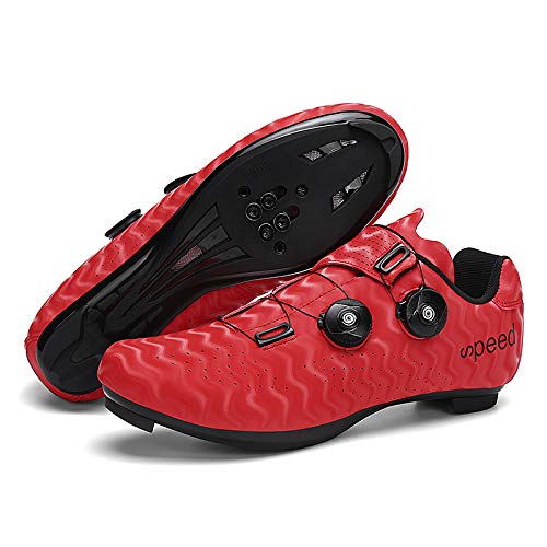 KUXUAN Zapatos de Ciclismo para Hombres Mujeres,Zapatos para Montar en Carretera, Zapatos Giratorios con Hebilla, Tacos Compatibles con SPD Look Delta,Red-13UK=(285mm)=47EU