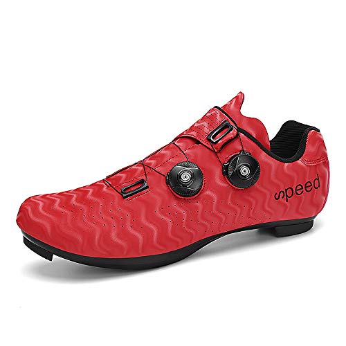 KUXUAN Zapatos de Ciclismo para Hombres Mujeres,Zapatos para Montar en Carretera, Zapatos Giratorios con Hebilla, Tacos Compatibles con SPD Look Delta,Red-13UK=(285mm)=47EU