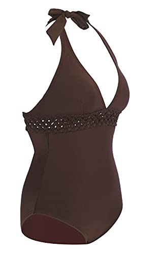 LA ORCHID Laorchid - Bañador de una pieza para mujer, cuello en V, sujeción al cuello, talla grande, push up marrón 44